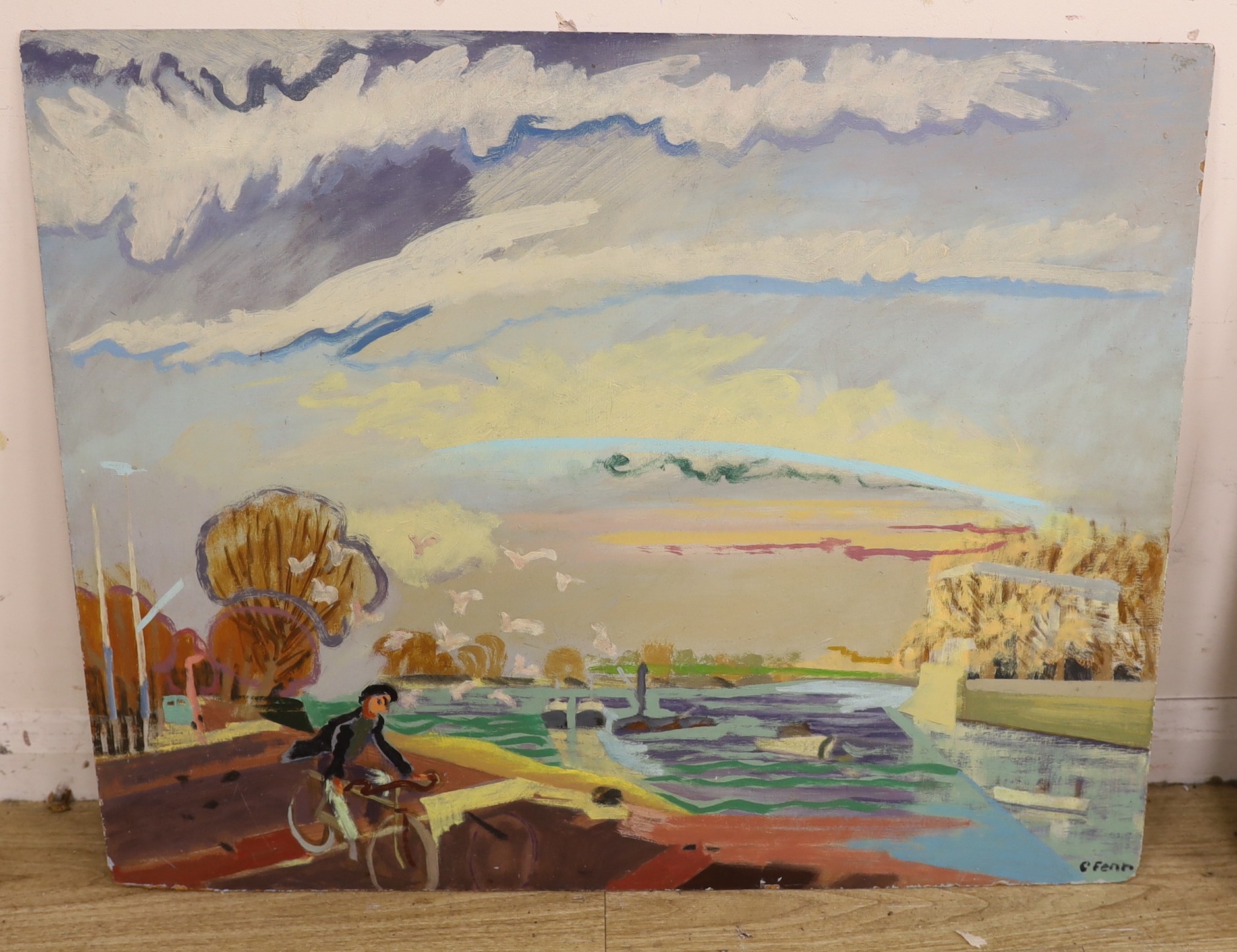 Constance Fenn RCA, NEAC (1933-2001), oil on board, Cyclist beside a lake, signed, 61 x 76cm, unframed